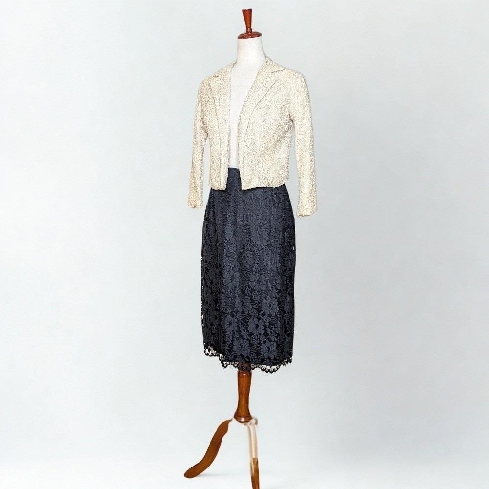 Vintage 50's Lace Black Midi Pencil Skirt and Cropped Cream Lace Jacket Suit Set